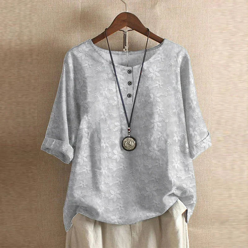 Megan – Retro Floral Button-Neck Blouse