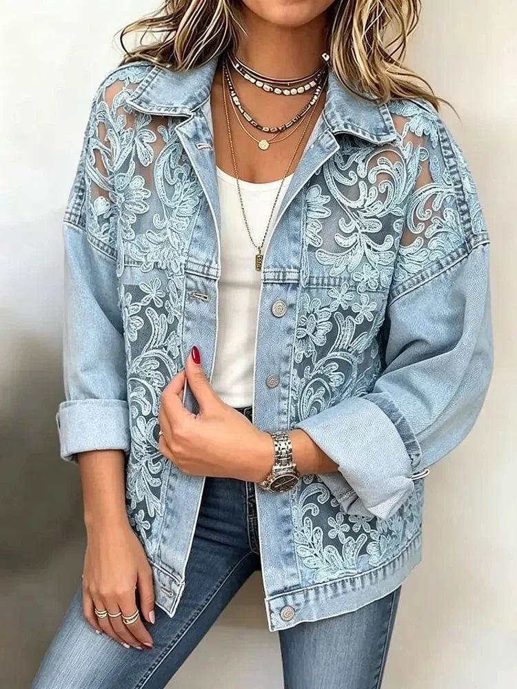 Rachael – Floral Lace Panel Denim Jacket
