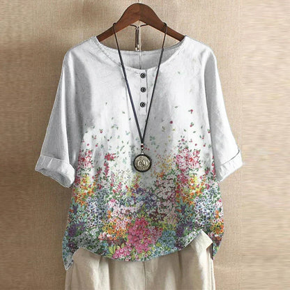 Megan – Retro Floral Button-Neck Blouse