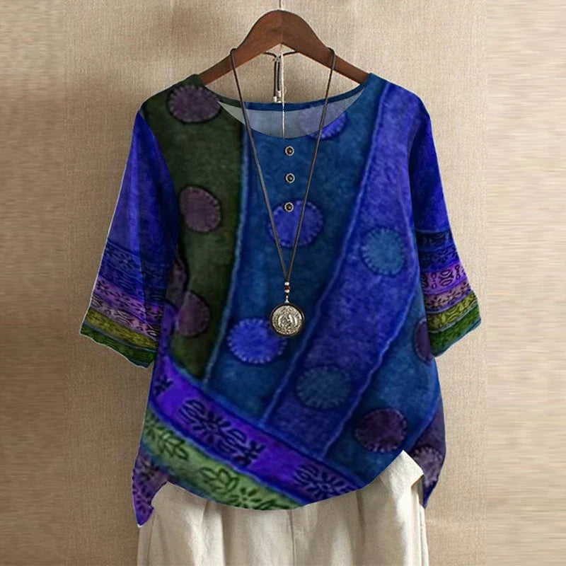 Megan – Retro Floral Button-Neck Blouse