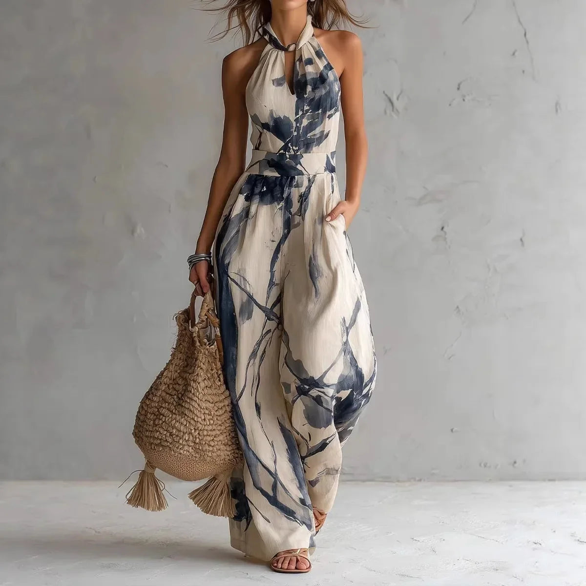 Janice – Halterneck Wide-Leg Printed Jumpsuit