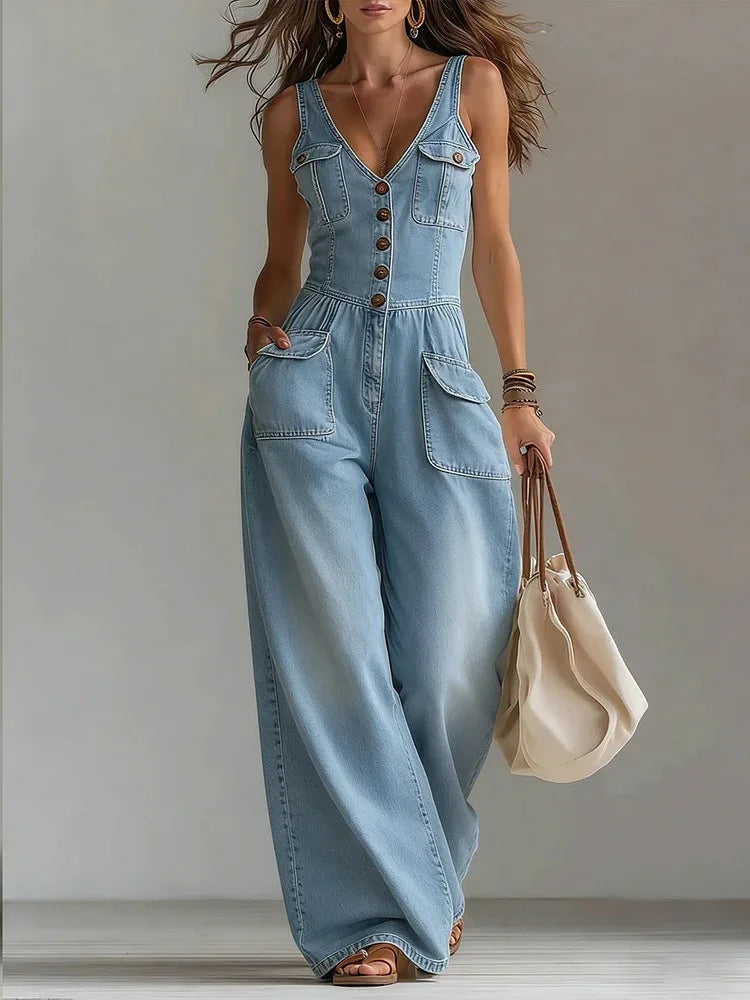 Louise – Wide Leg Denim-Look Jumpsuit