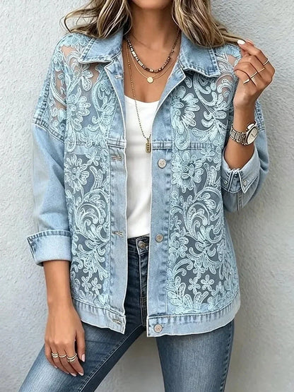 Rachael – Floral Lace Panel Denim Jacket