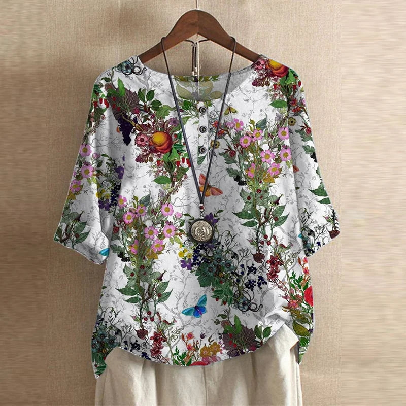 Megan – Retro Floral Button-Neck Blouse