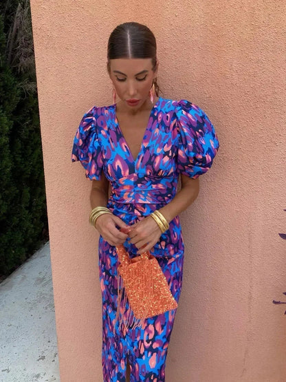 Lateefah | Vibrant Midi Dress with Puff Sleeves