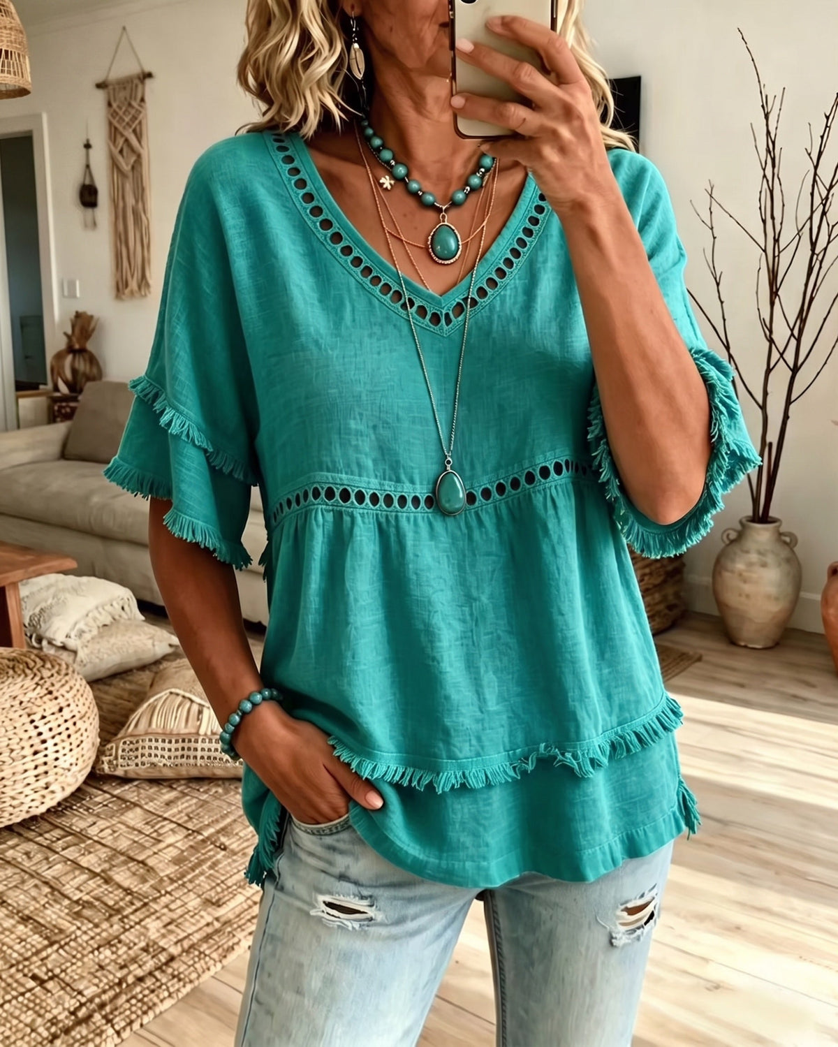 Megan – Boho Frill V-Neck Blouse