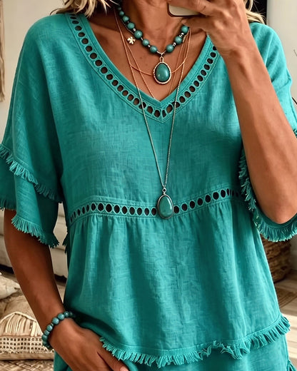 Megan – Boho Frill V-Neck Blouse