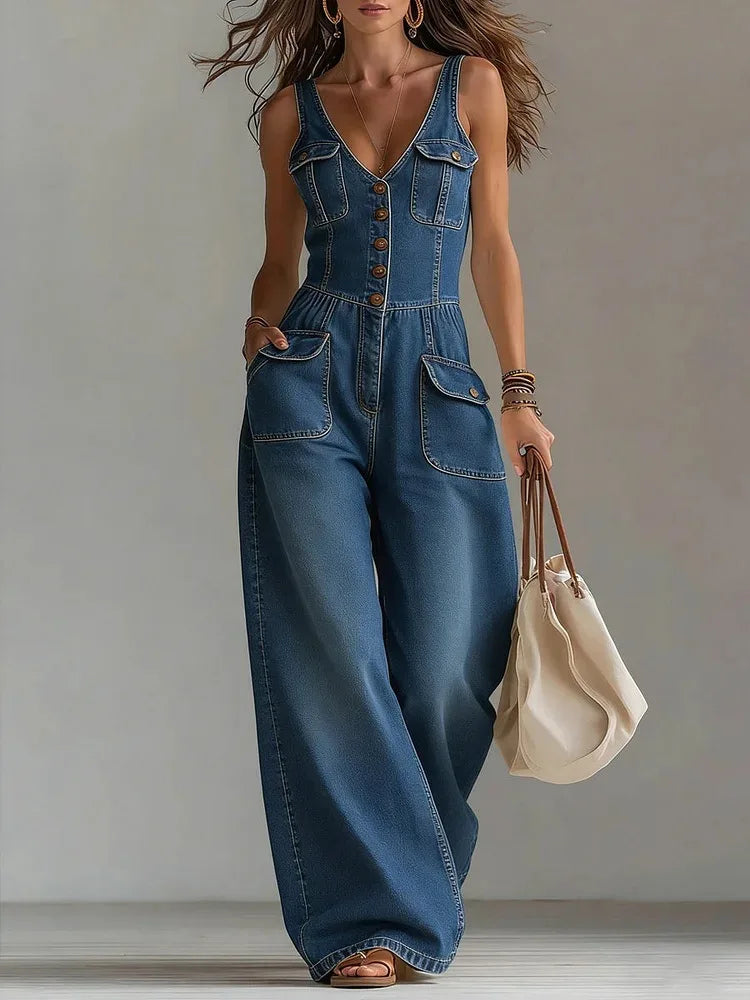 Louise – Wide Leg Denim-Look Jumpsuit