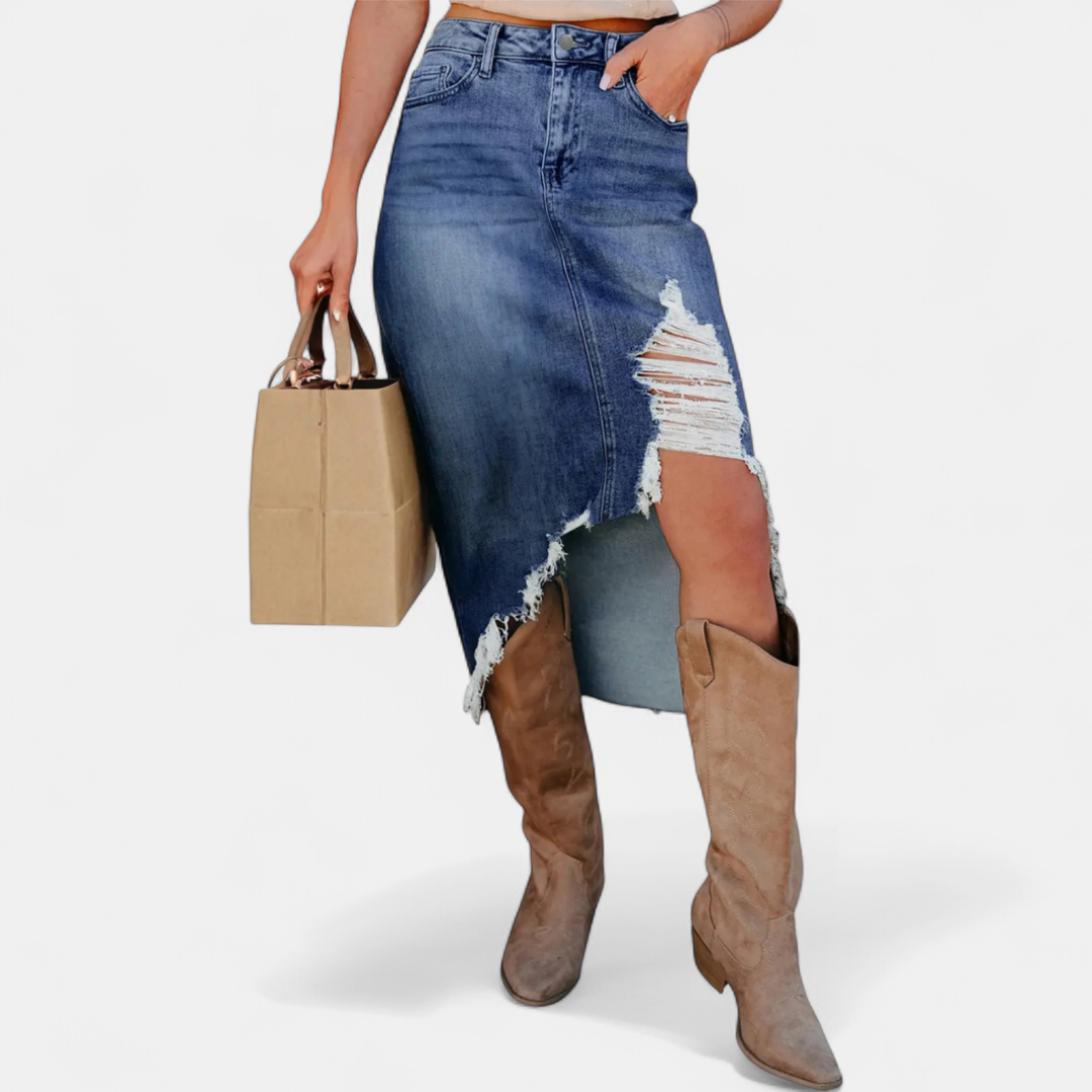 Lorraine – Distressed Denim Midi Skirt
