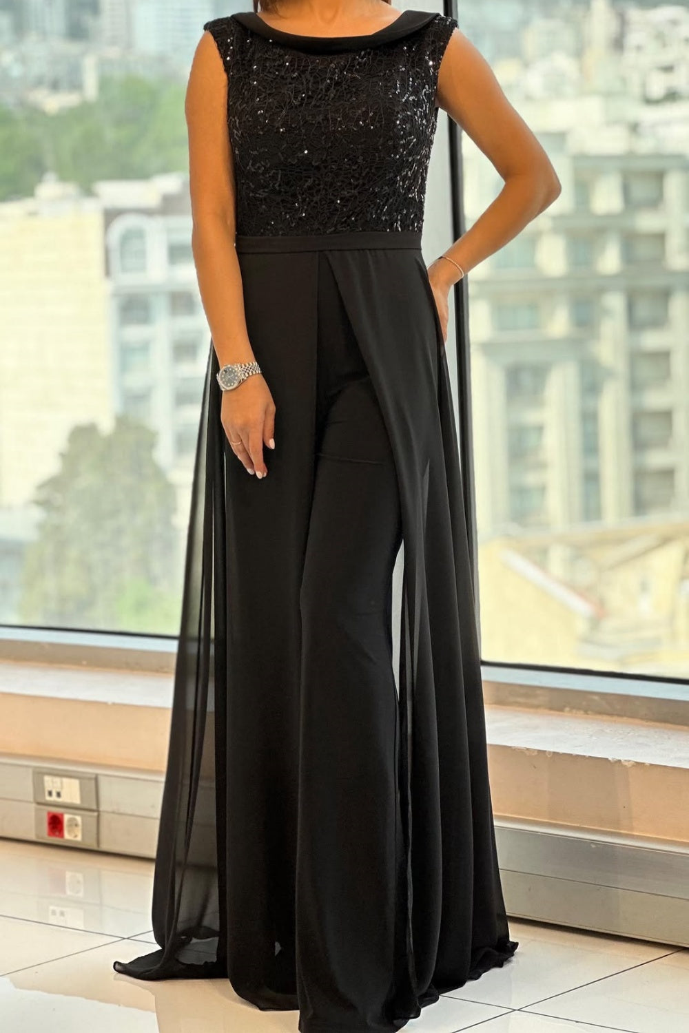 Sue – Sequin Bodice Jumpsuit with Chiffon Overlay