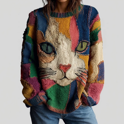 Glenda – Artistic Cat Patchwork Knit Jumper