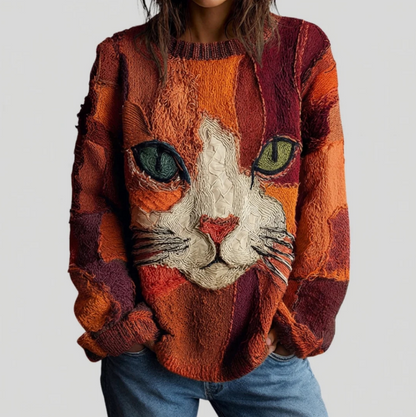 Glenda – Artistic Cat Patchwork Knit Jumper
