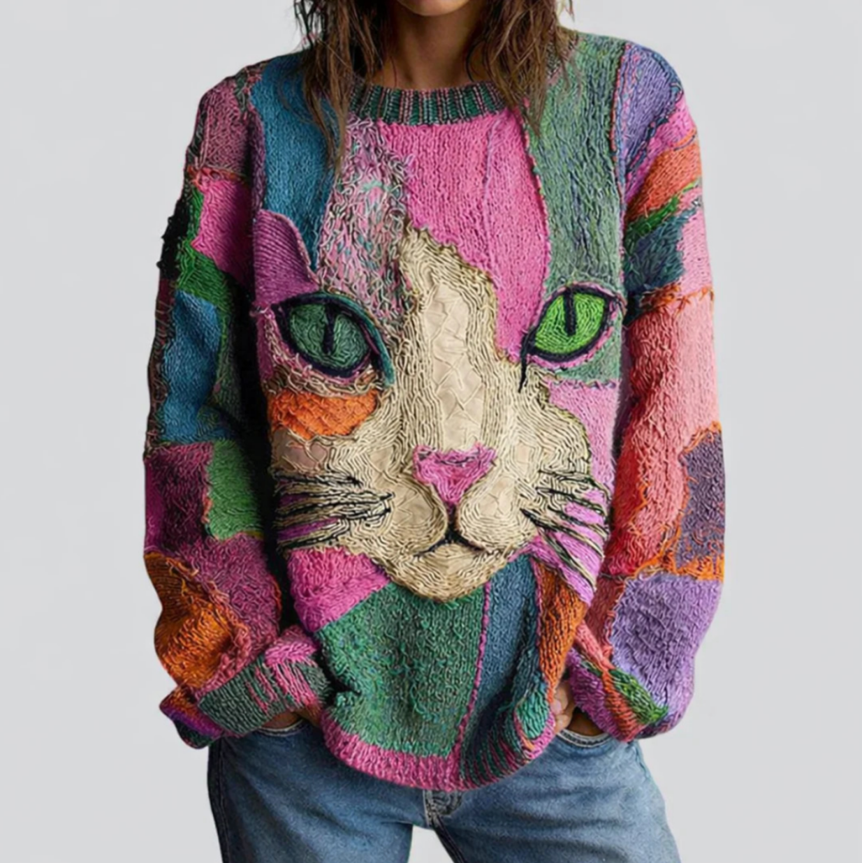 Glenda – Artistic Cat Patchwork Knit Jumper