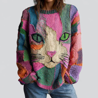 Glenda – Artistic Cat Patchwork Knit Jumper