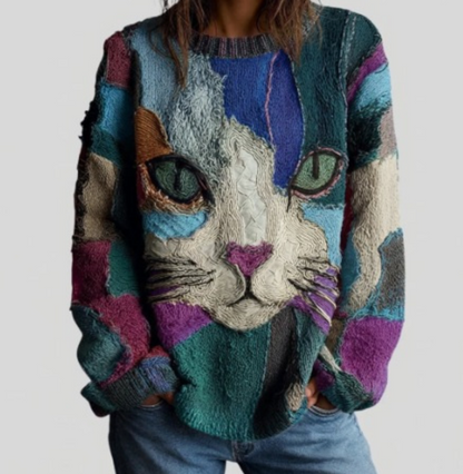 Glenda – Artistic Cat Patchwork Knit Jumper