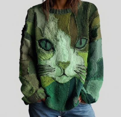 Glenda – Artistic Cat Patchwork Knit Jumper