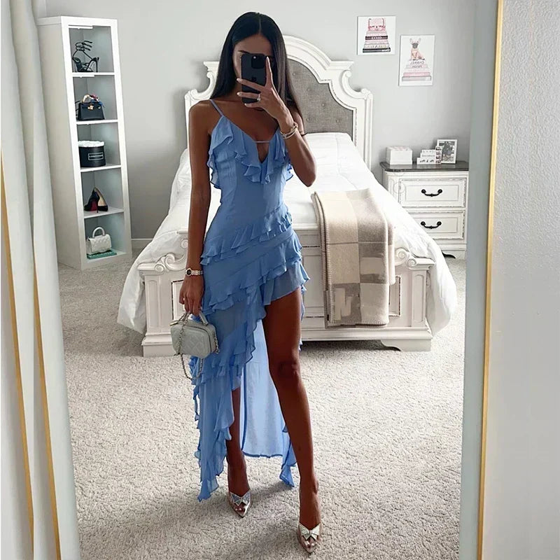 Naima | Solid V-Neck Ruffle Slim Dress