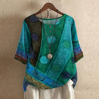 Megan – Retro Floral Button-Neck Blouse