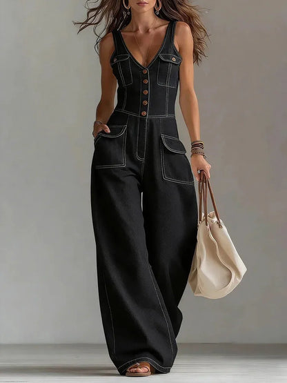 Louise – Wide Leg Denim-Look Jumpsuit