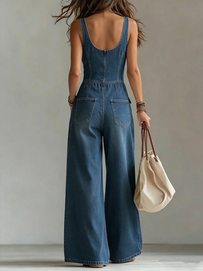 Louise – Wide Leg Denim-Look Jumpsuit