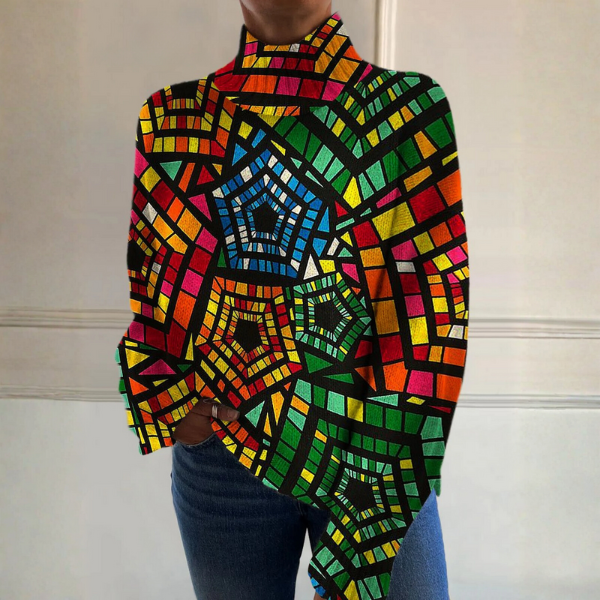 Cherie – Bold Mosaic Print Turtleneck Top