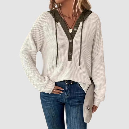 Rachelle – Waffle Knit Hooded Button Top
