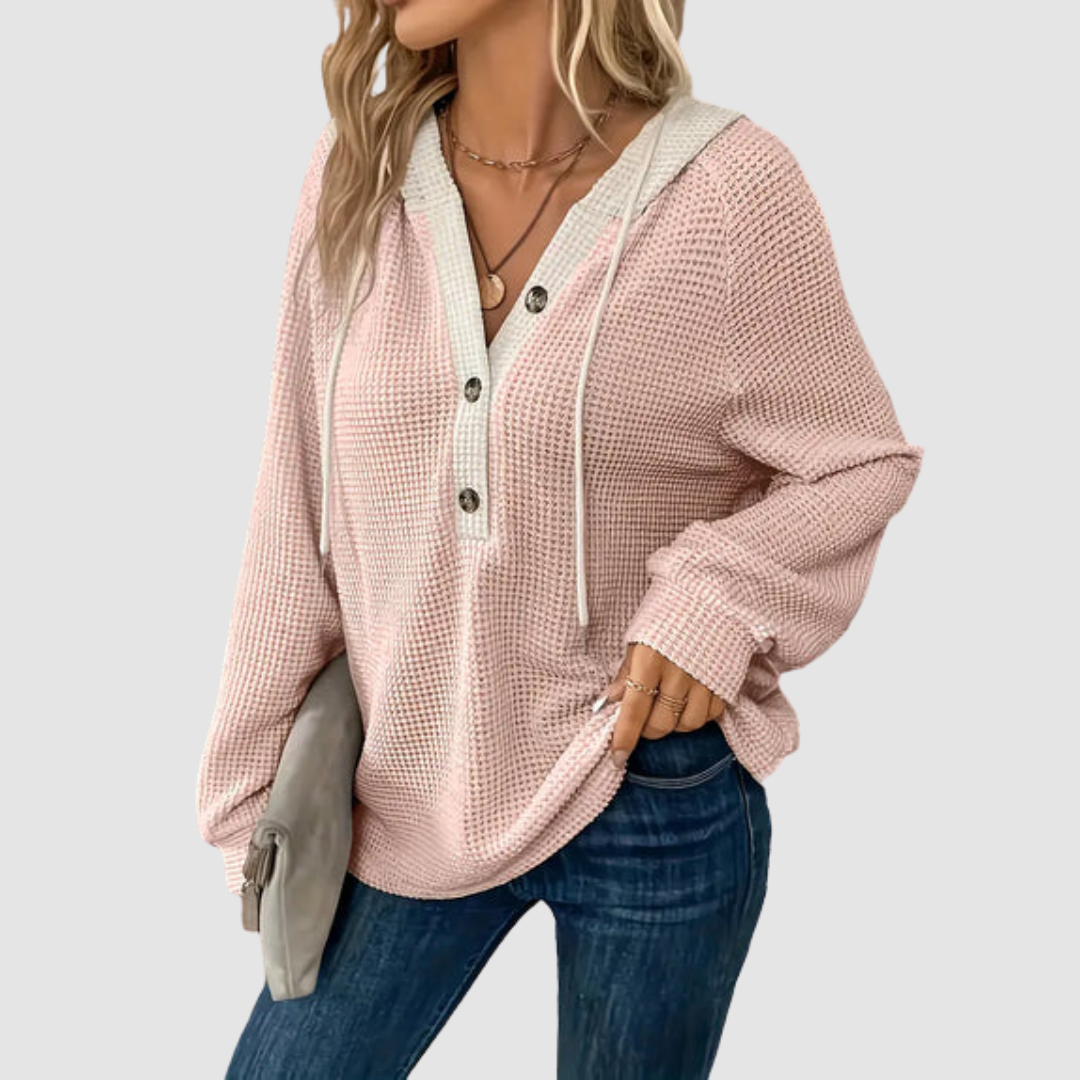 Rachelle – Waffle Knit Hooded Button Top