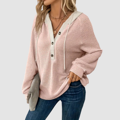 Rachelle – Waffle Knit Hooded Button Top