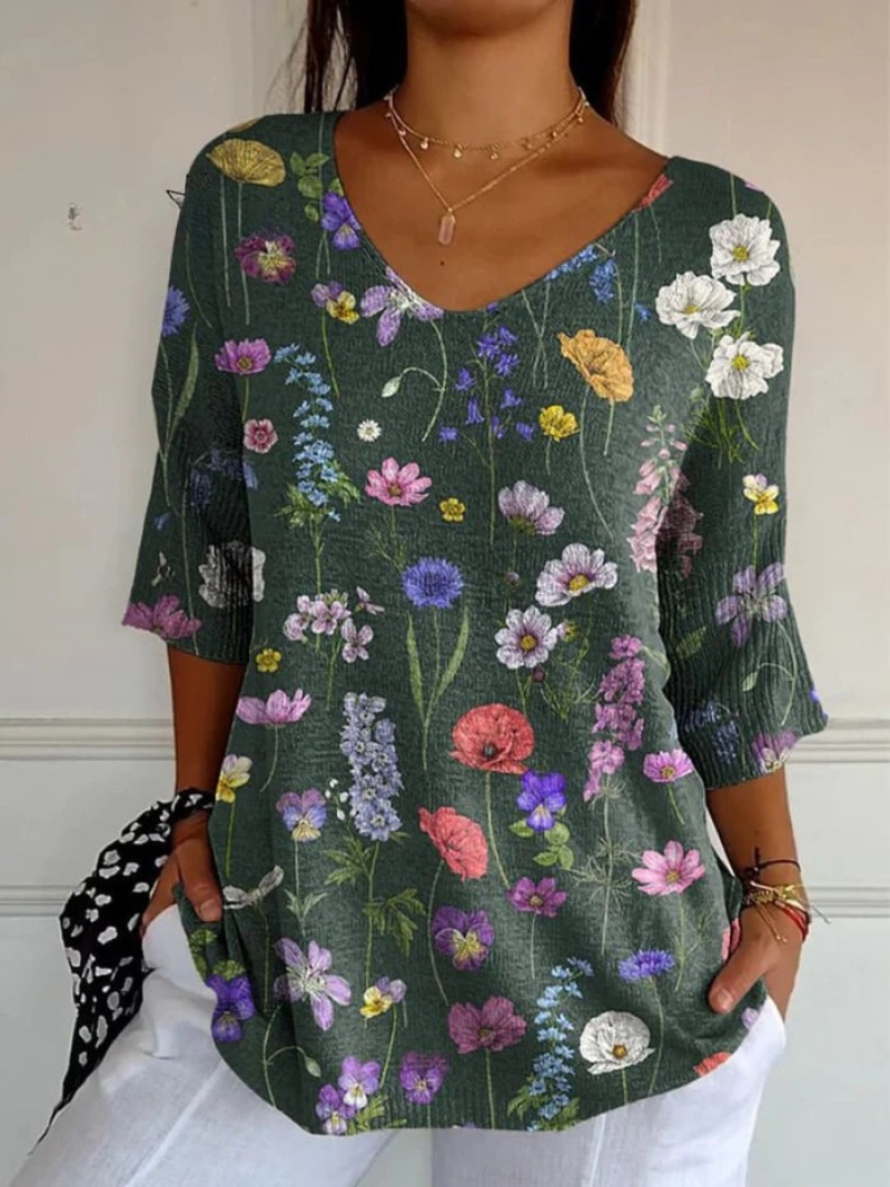 Simone | Vibrant Spring Botanical Garden Pattern Printed Women's Casual Pullover Knit