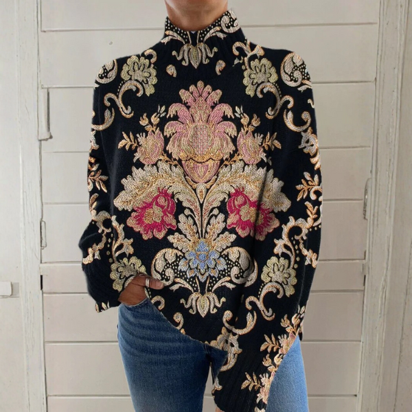 Karen – Baroque Floral Mock-Neck Jumper