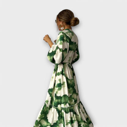 Mabella | Green Maxi Dress with Long Sleeves and V-Neck