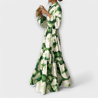 Mabella | Green Maxi Dress with Long Sleeves and V-Neck