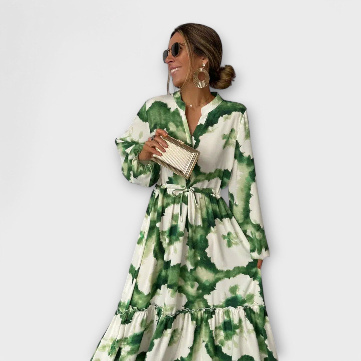 Mabella | Green Maxi Dress with Long Sleeves and V-Neck
