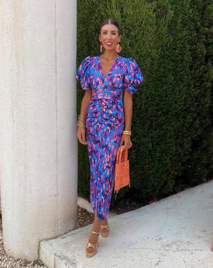 Lateefah | Vibrant Midi Dress with Puff Sleeves