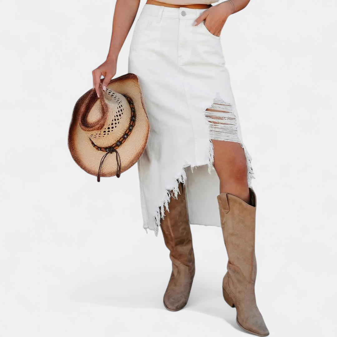 Lorraine – Distressed Denim Midi Skirt