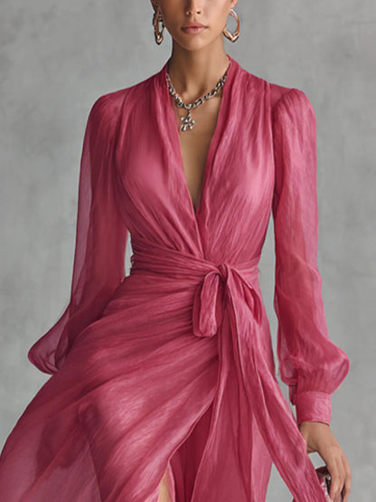 Mosi | Elegant Chiffon V-Neck Tie-Waist Long Dress