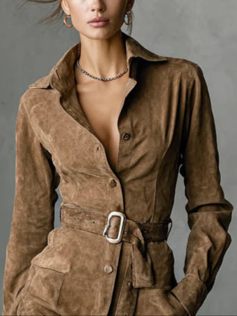 Wrenley | Suede-Look Belted Shirt Dress