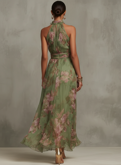 Alyna | Green Floral Chiffon Halter Maxi Dress