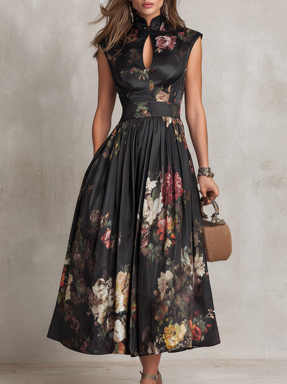 Tenley | Black Floral Satin Pleated Midi Dress