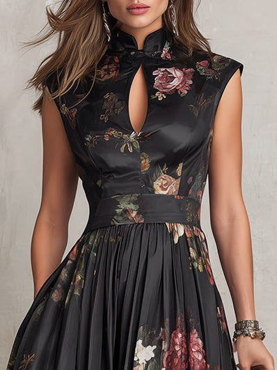 Tenley | Black Floral Satin Pleated Midi Dress