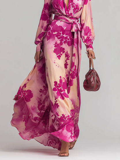 Julissa | Rose Floral V-Neck Belted Maxi Dress