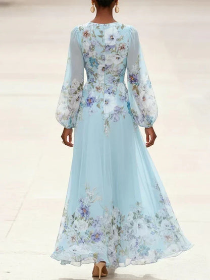Juliette | Light Blue Floral Chiffon V-Neck Maxi Dress