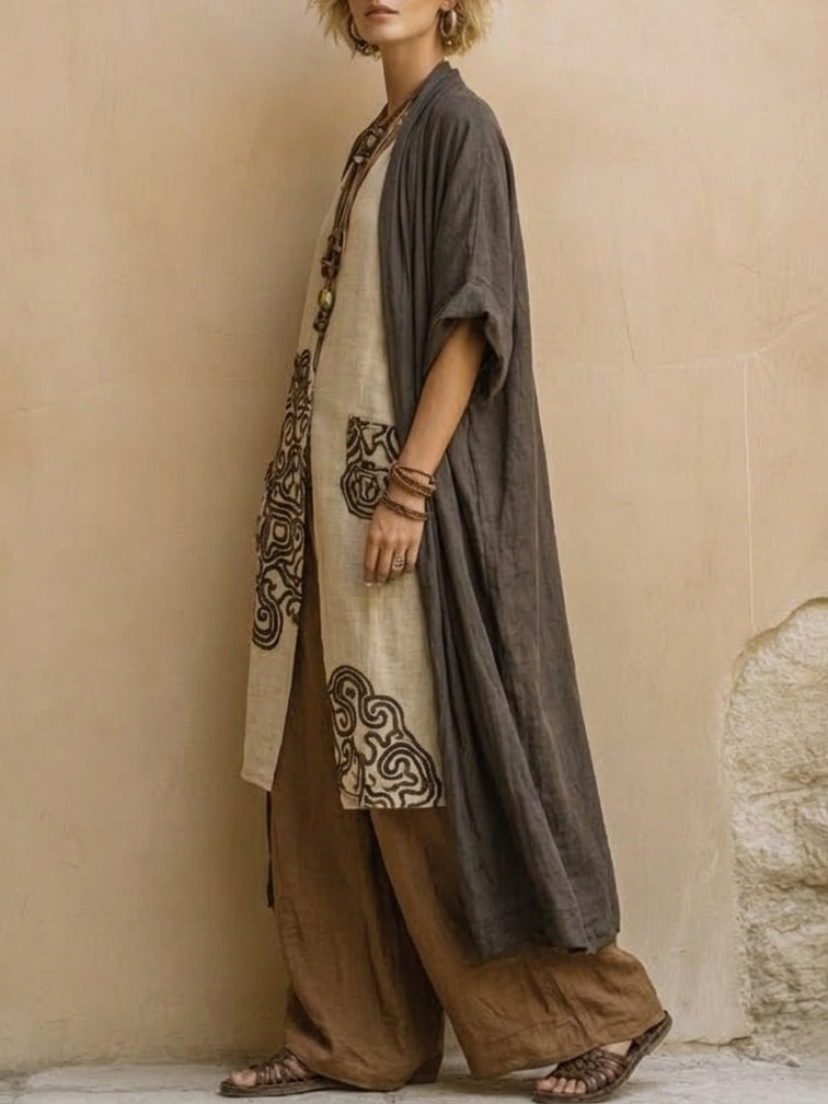 Margaret | Dark Grey & Brown Tribal Print Three-Piece Set