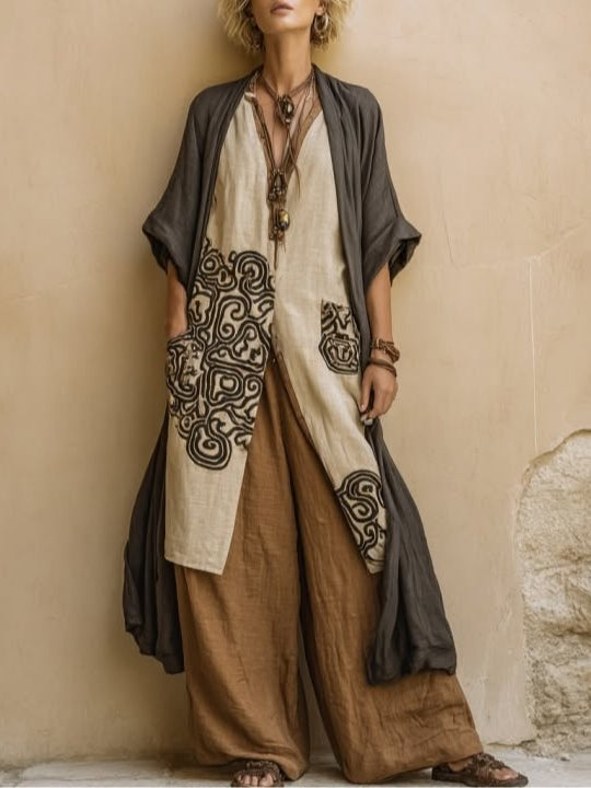 Margaret | Dark Grey & Brown Tribal Print Three-Piece Set