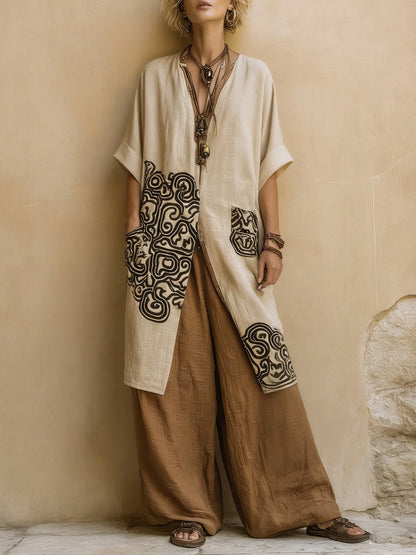 Margaret | Dark Grey & Brown Tribal Print Three-Piece Set