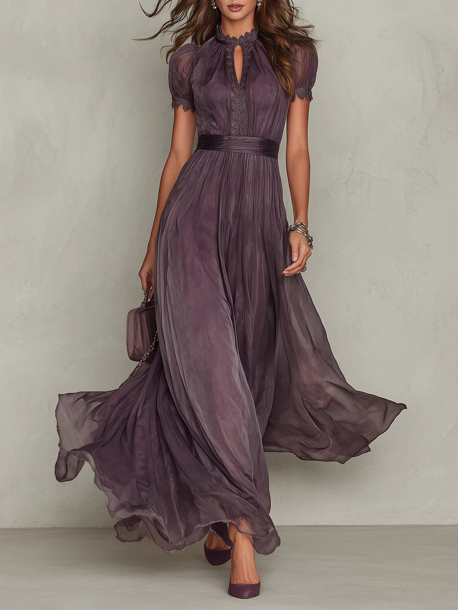 Louise – Lace Trim Keyhole Chiffon Maxi Dress