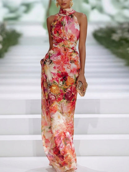 Lavinia | Red Chiffon Floral Sleeveless Maxi Dress