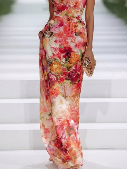 Lavinia | Red Chiffon Floral Sleeveless Maxi Dress