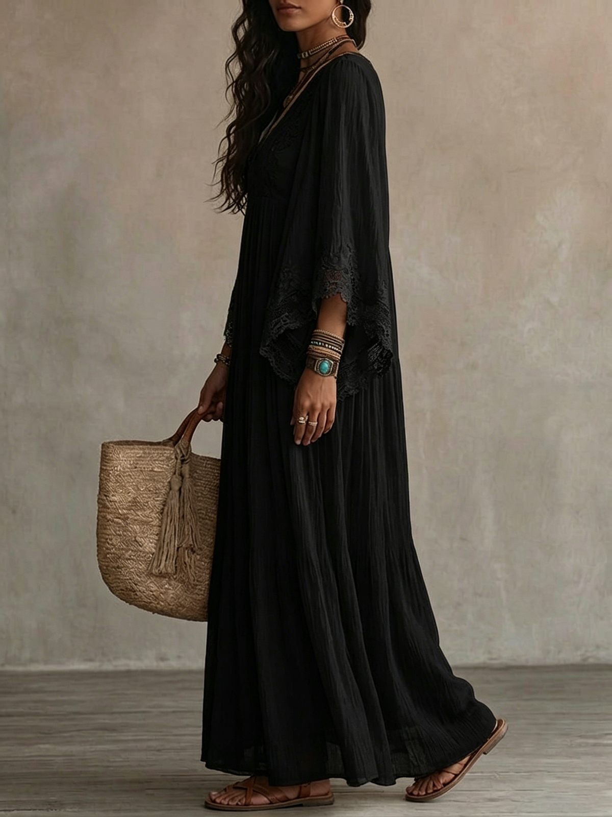 Alexandra – Lace-Trim Boho Maxi Dress