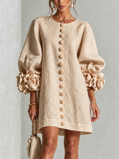 Donna – Linen-Look Mini Dress with Floral Cuffs